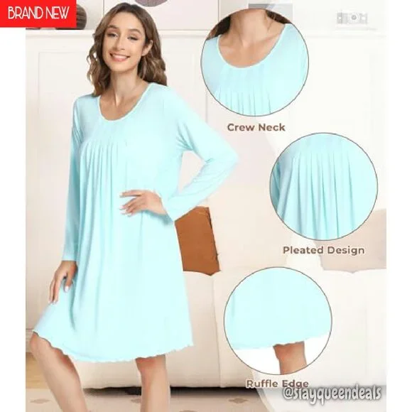 Soft Bamboo Viscose Long Sleeve Nightgown, V-Neck Sleepshirt for Women